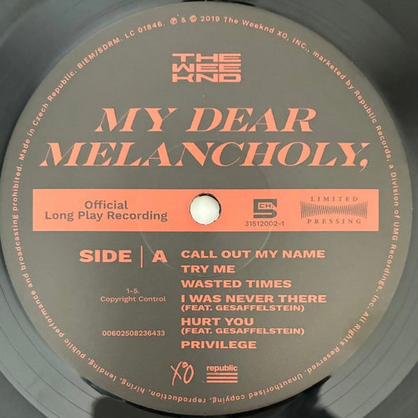 THE WEEKND My Dear Melancholy, - Single Sided LP Etched Vinyl - EP
