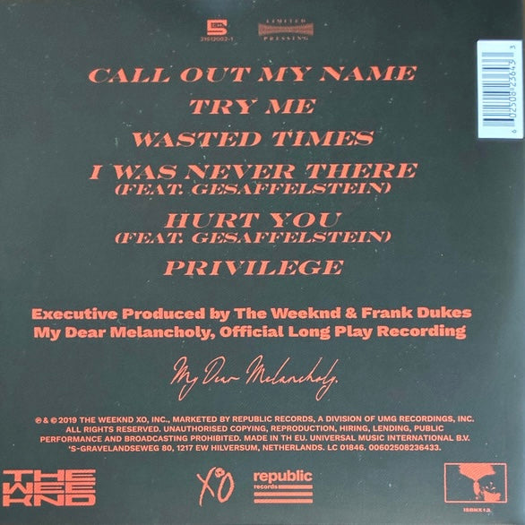 THE WEEKND My Dear Melancholy, - Single Sided LP Etched Vinyl - EP