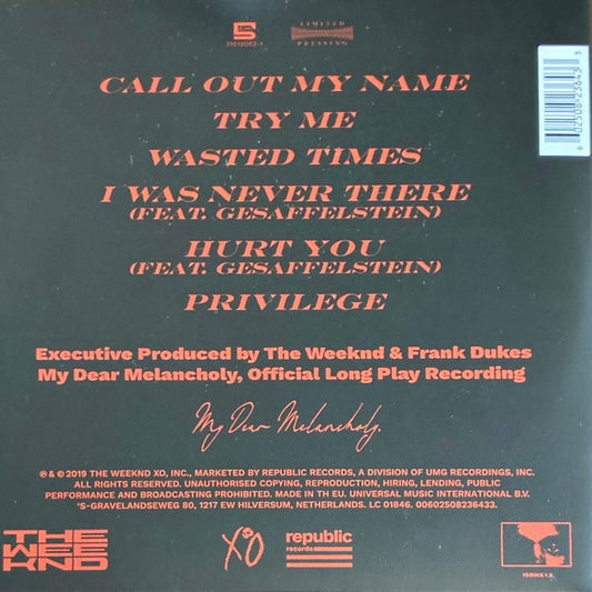 THE WEEKND My Dear Melancholy, - Single Sided LP Etched Vinyl - EP