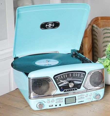 Blue Retro style record player with Bluetooth - CD player - FM radio - MP3 encoding and built in speakers Steepletone ROXY4 BT